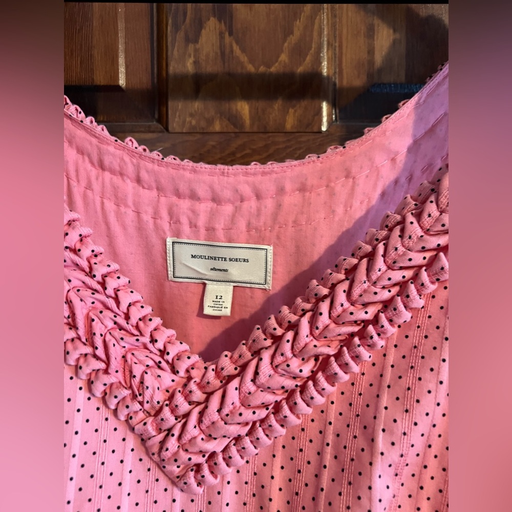 Anthropologie Moulinette Soeurs Melon Ball Pink/Black Polka Dot Dress + Bow Belt - Picture 4 of 8